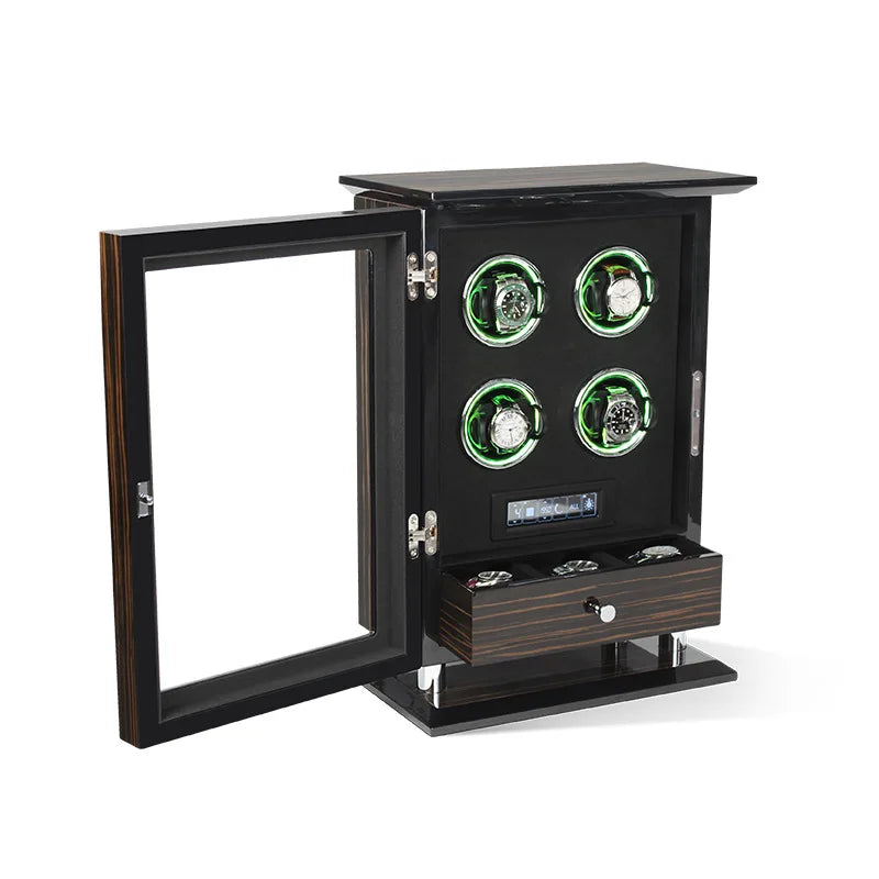 Time Spinners Chamberlain luxury automatic watch winder with fingerprint unlock, LED glow rings, touchscreen controls, and premium wood finish.