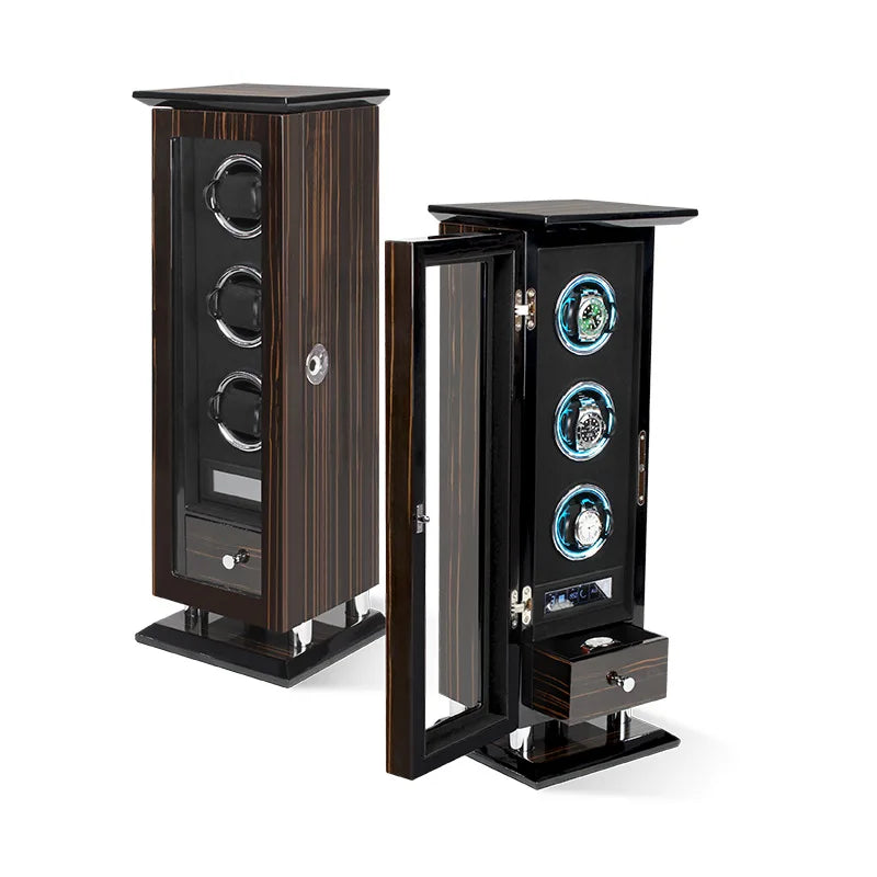 Time Spinners Chamberlain luxury automatic watch winder with fingerprint unlock, LED glow rings, touchscreen controls, and premium wood finish.