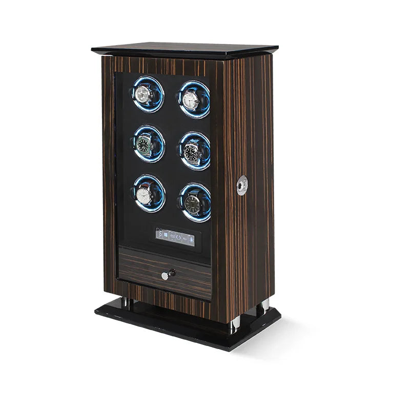 Time Spinners Chamberlain luxury automatic watch winder with fingerprint unlock, LED glow rings, touchscreen controls, and premium wood finish.