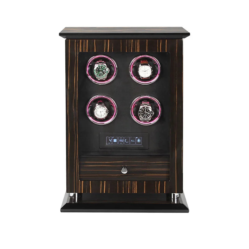 Time Spinners Chamberlain luxury automatic watch winder with fingerprint unlock, LED glow rings, touchscreen controls, and premium wood finish.