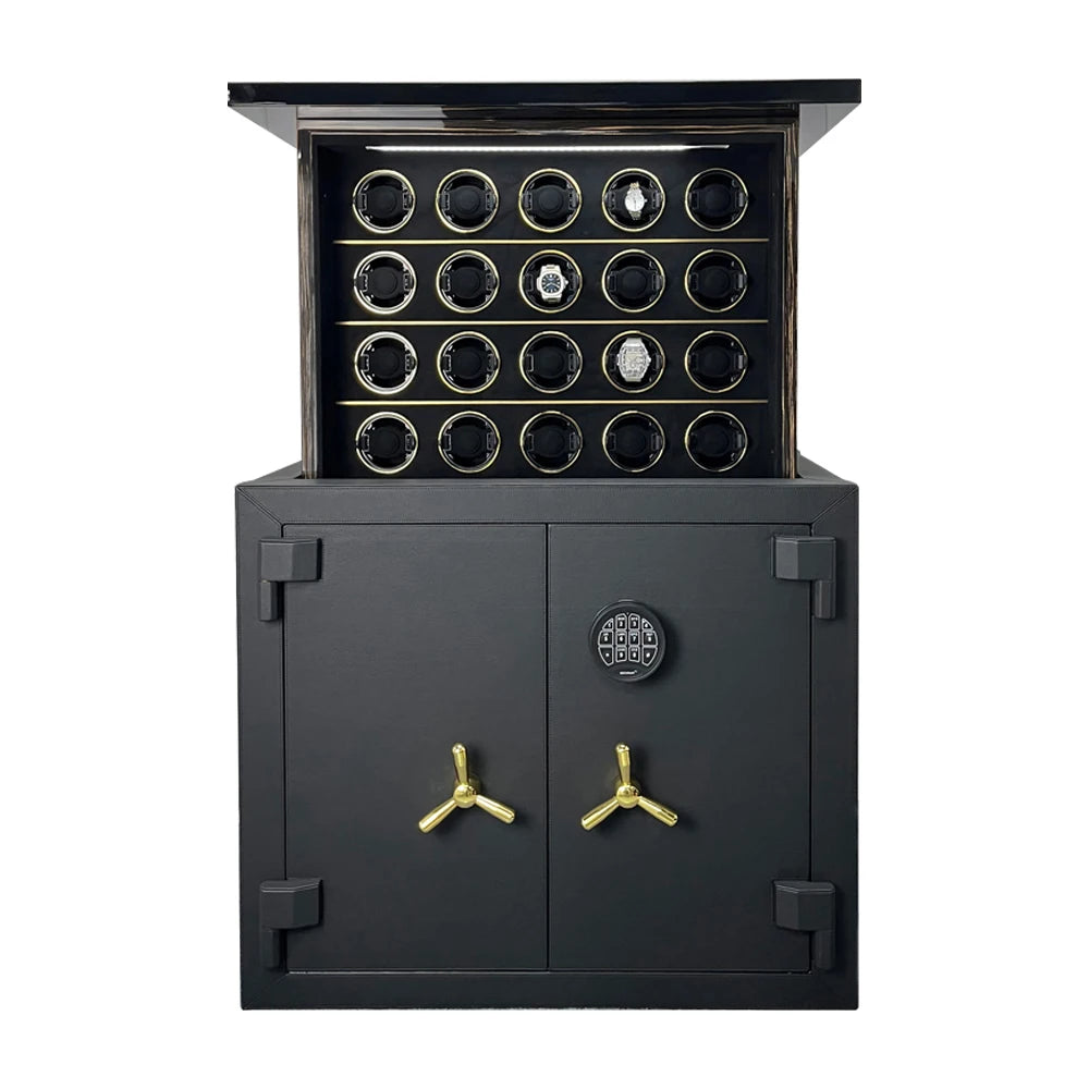 Luxury Imperium watch winder safe with motorized lift system and leather exterior