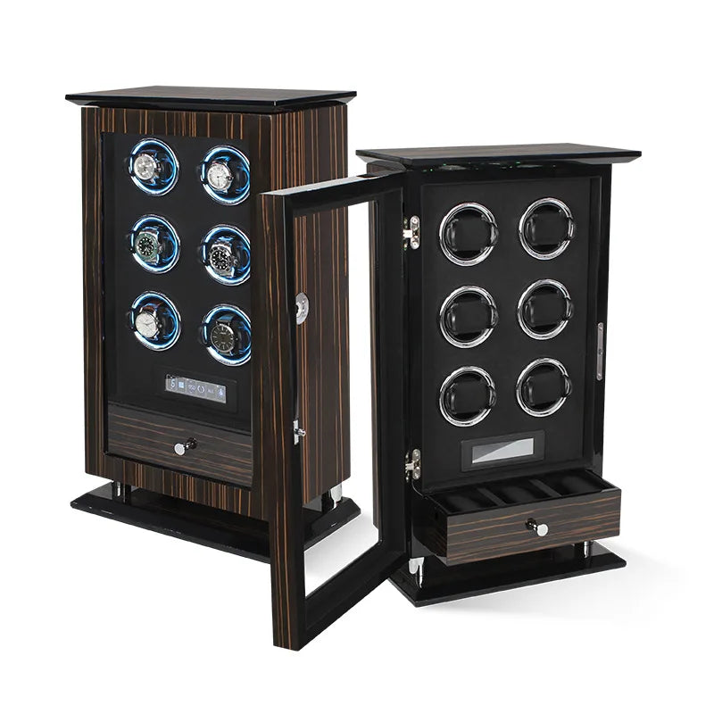 Time Spinners Chamberlain luxury automatic watch winder with fingerprint unlock, LED glow rings, touchscreen controls, and premium wood finish.