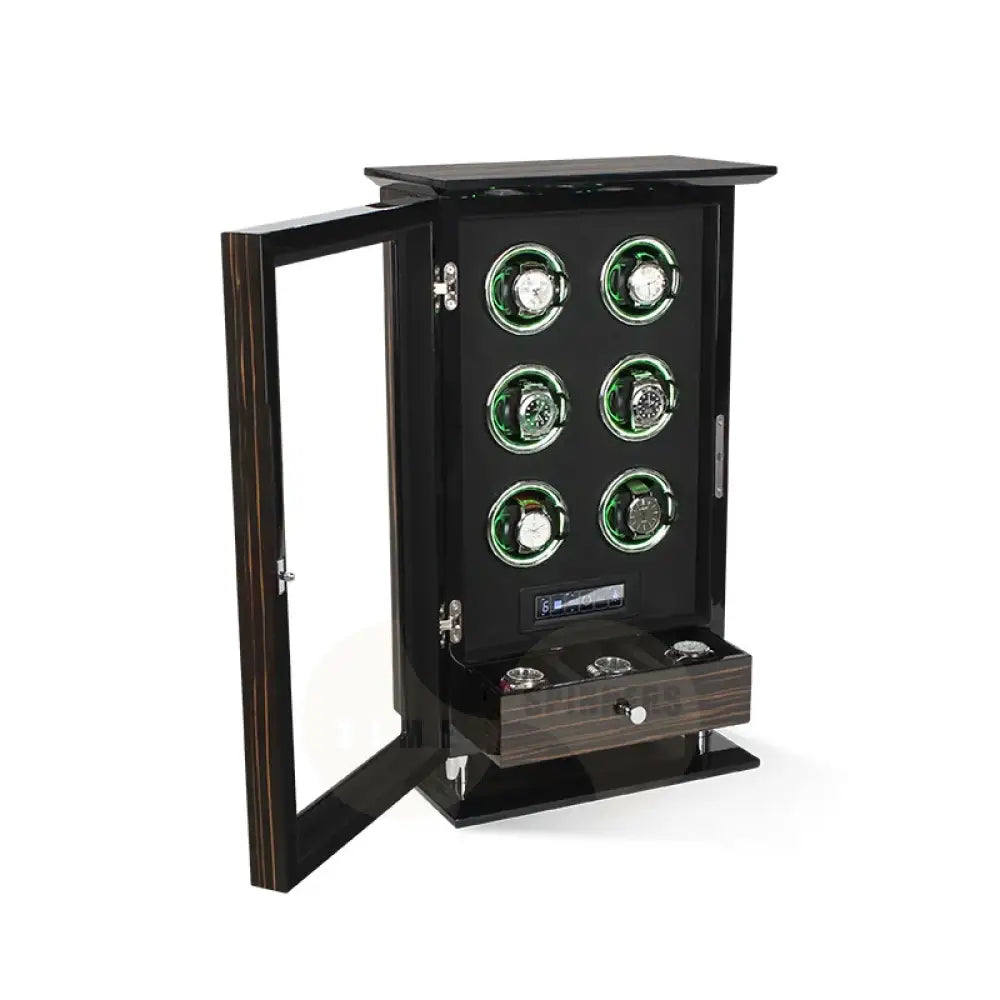 Time Spinners Chamberlain luxury automatic watch winder with fingerprint unlock, LED glow rings, touchscreen controls, and premium wood finish.
