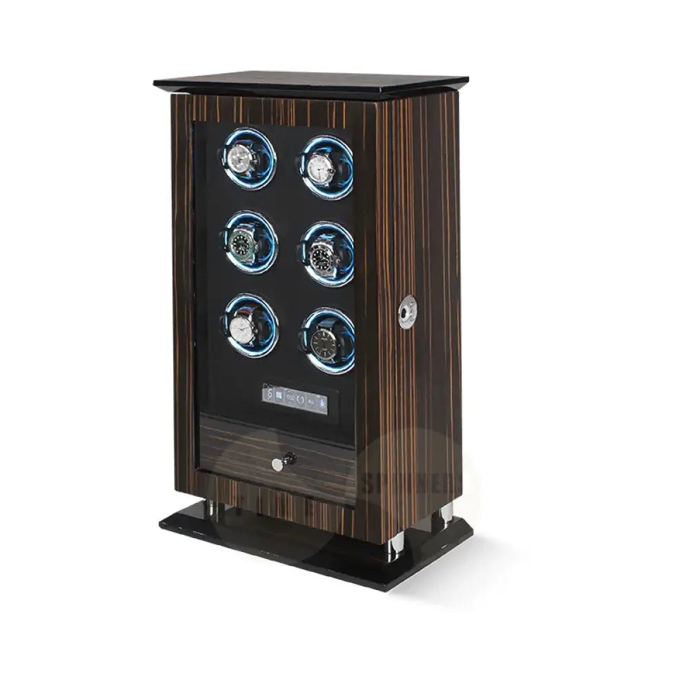 Time Spinners Chamberlain luxury automatic watch winder with fingerprint unlock, LED glow rings, touchscreen controls, and premium wood finish.