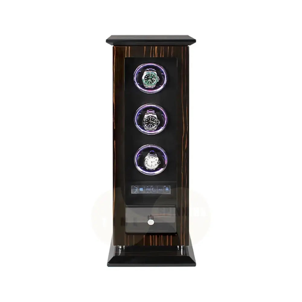 Time Spinners Chamberlain luxury automatic watch winder with fingerprint unlock, LED glow rings, touchscreen controls, and premium wood finish.