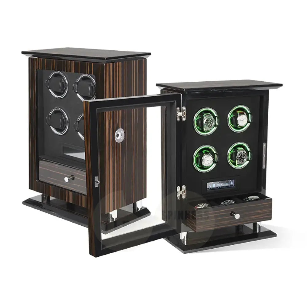 Time Spinners Chamberlain luxury automatic watch winder with fingerprint unlock, LED glow rings, touchscreen controls, and premium wood finish.