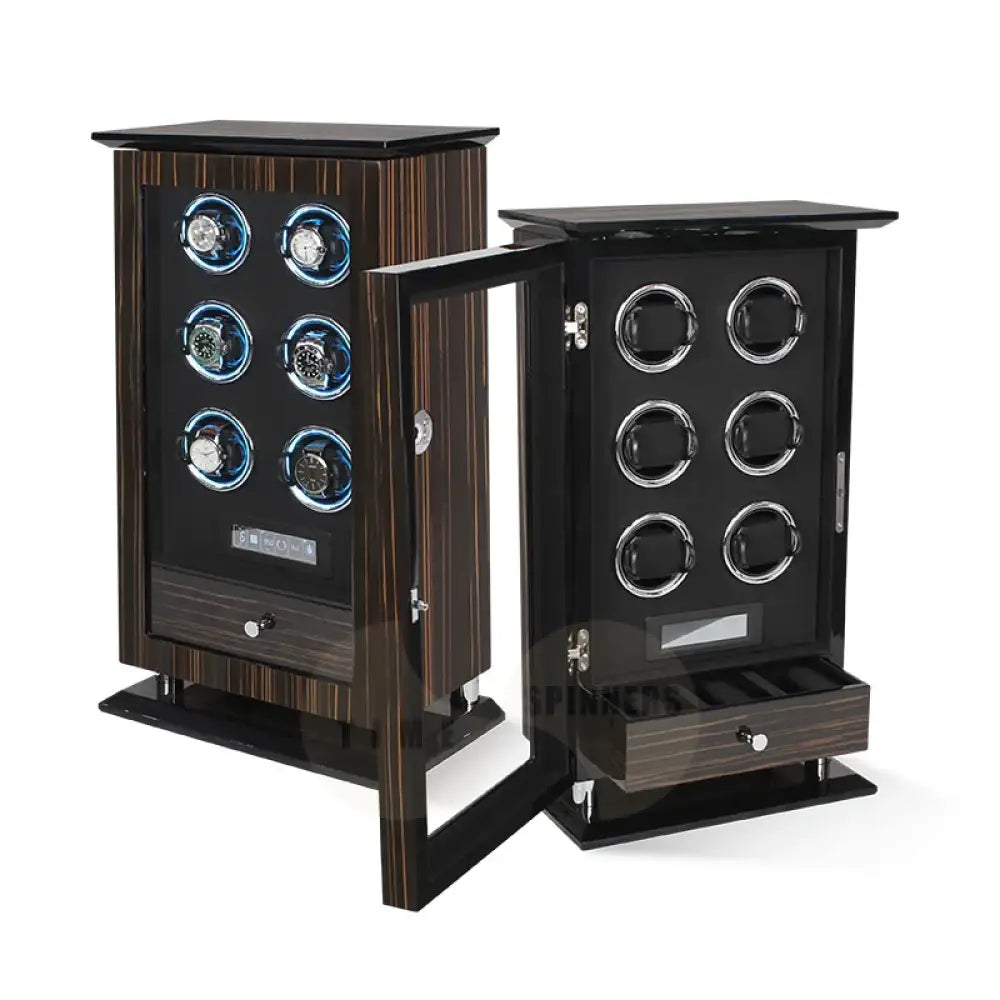 Time Spinners Chamberlain luxury automatic watch winder with fingerprint unlock, LED glow rings, touchscreen controls, and premium wood finish.