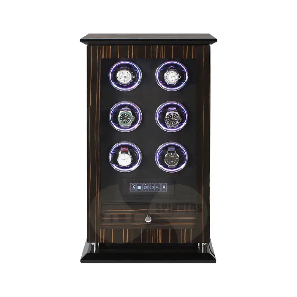 Time Spinners Chamberlain luxury automatic watch winder with fingerprint unlock, LED glow rings, touchscreen controls, and premium wood finish.
