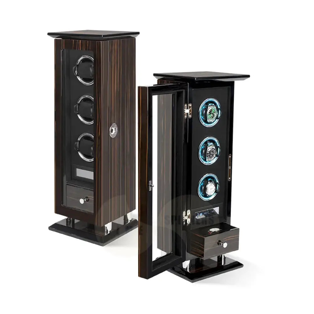 Time Spinners Chamberlain luxury automatic watch winder with fingerprint unlock, LED glow rings, touchscreen controls, and premium wood finish.