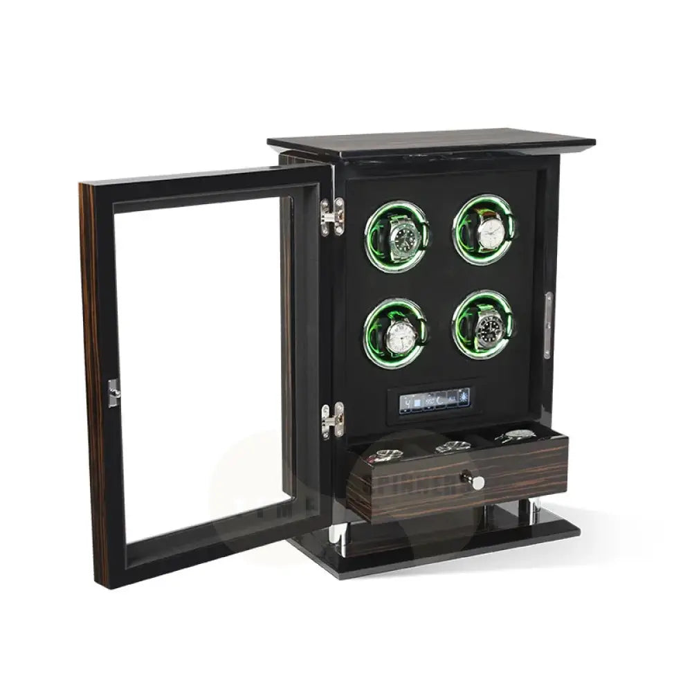 Time Spinners Chamberlain luxury automatic watch winder with fingerprint unlock, LED glow rings, touchscreen controls, and premium wood finish.