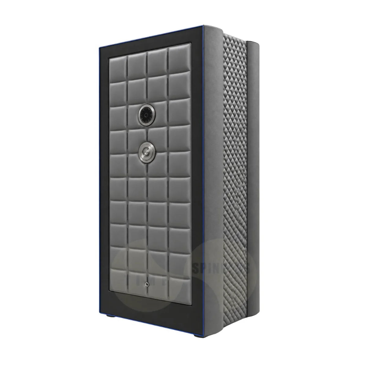 A modern watch winder safe with a gray quilted faceplate, a textured side panel, and a black outer frame, shown on a plain white background.