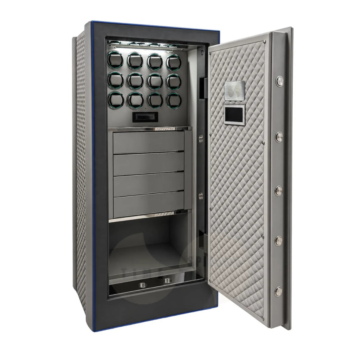 A tall watch winder safe with a diamond-quilted gray exterio, open door, dark gray interior, multiple circular lock compartments, and pull-out drawers, shown on a plain white background.