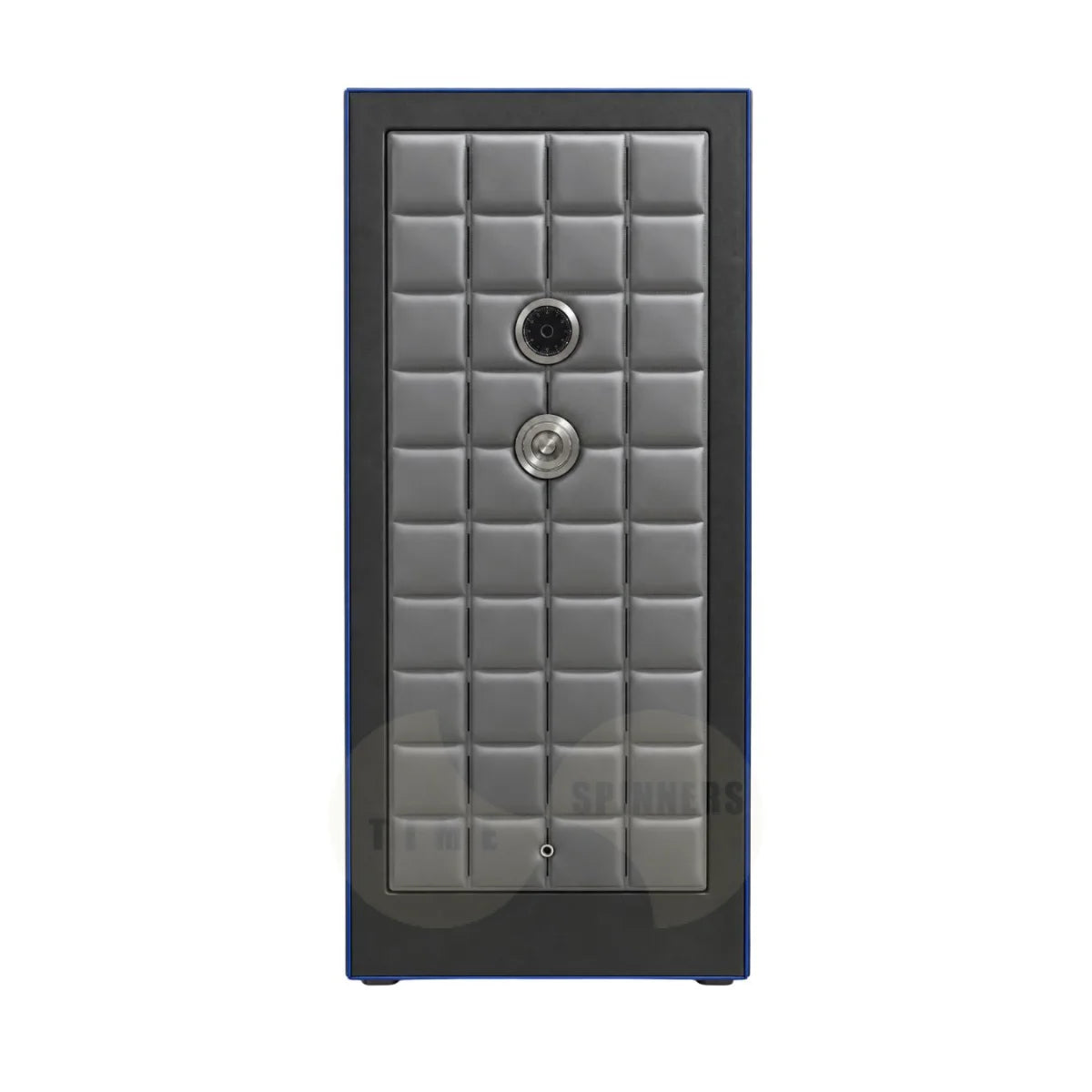 A tall, rectangular safe with a dark gray quilted front panel, a silver combination lock, and a blue outer frame, shown against a plain white background.