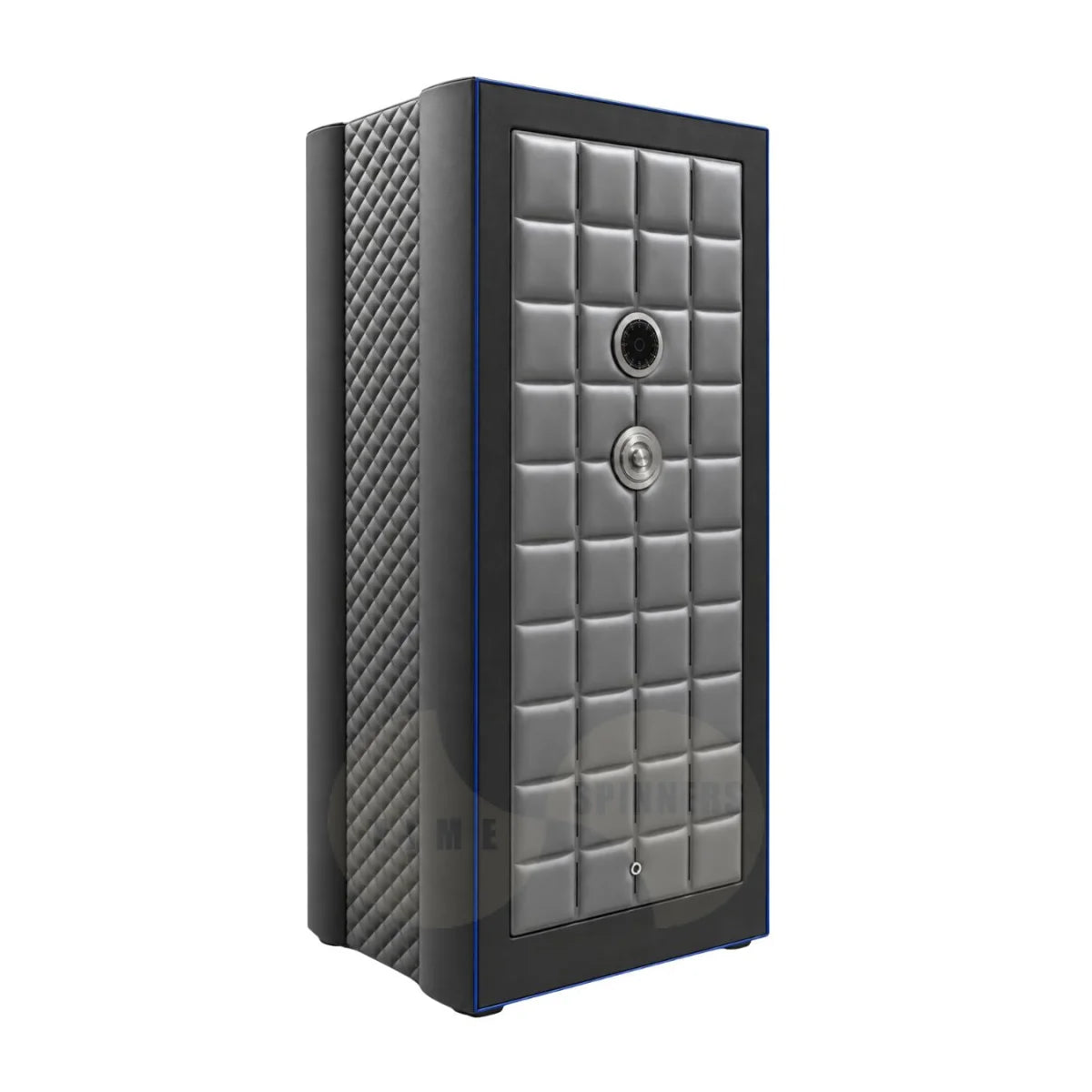 A modern safe with a textured gray quilted front door, a black diamond-patterned side panel, and a thin blue accent line along the frame, shown on a plain white background.