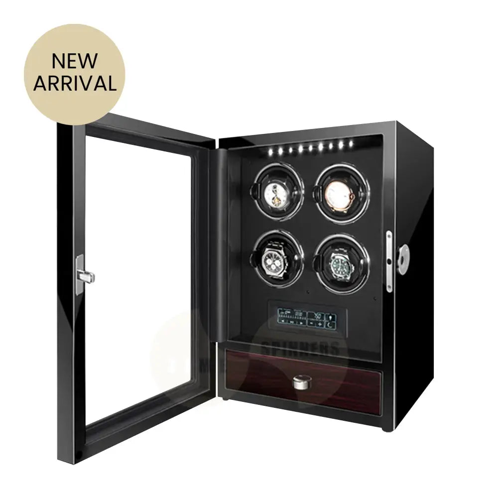 Evoque automatic watch winder with remote control, secure fingerprint lock, and extra storage