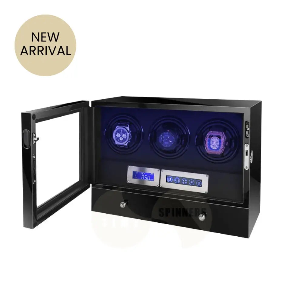 Helix Watch Winder in high-gloss piano black finish with LED display and ultra-quiet Mabuchi motor for automatic watches