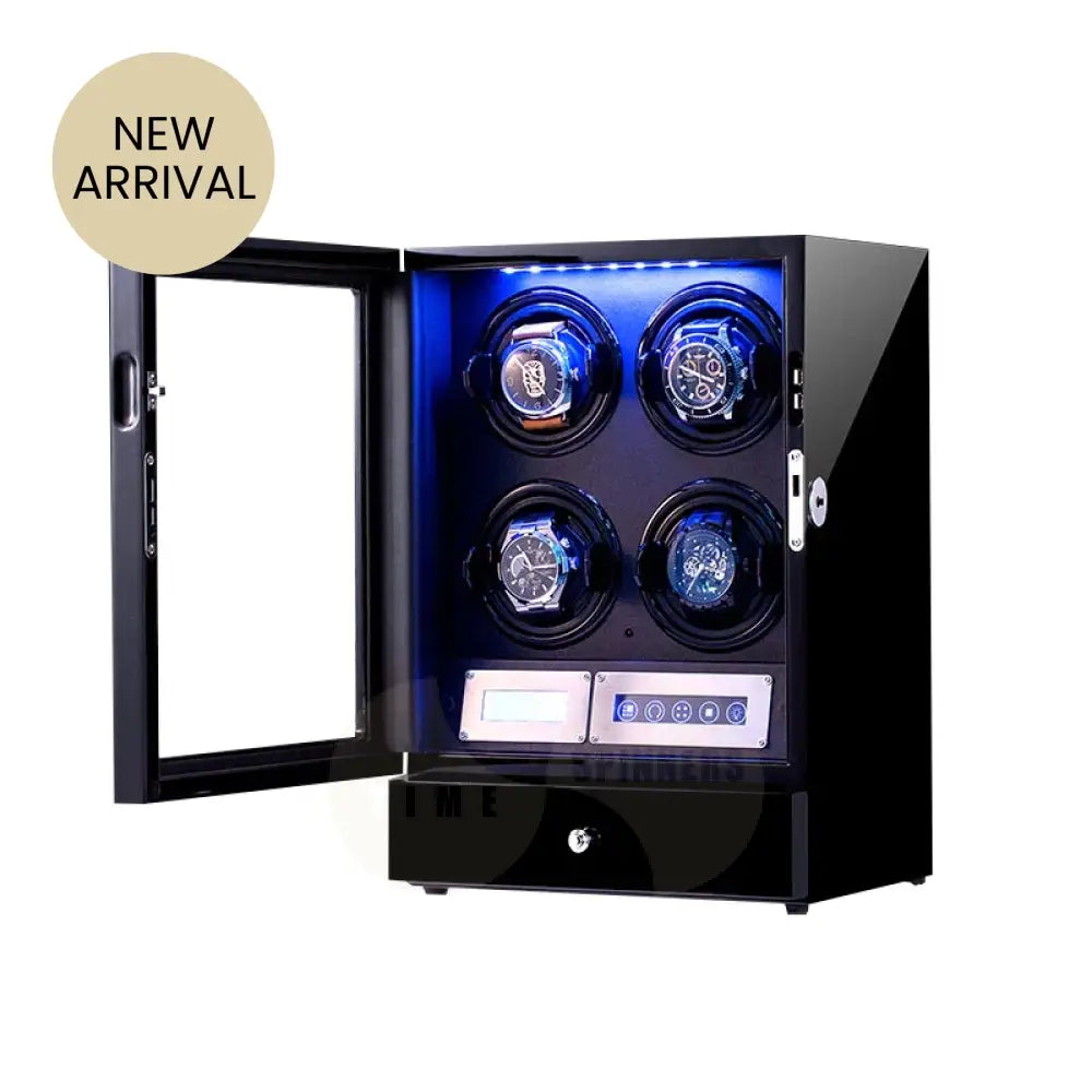 Helix Watch Winder in high-gloss piano black finish with LED display and ultra-quiet Mabuchi motor for automatic watches