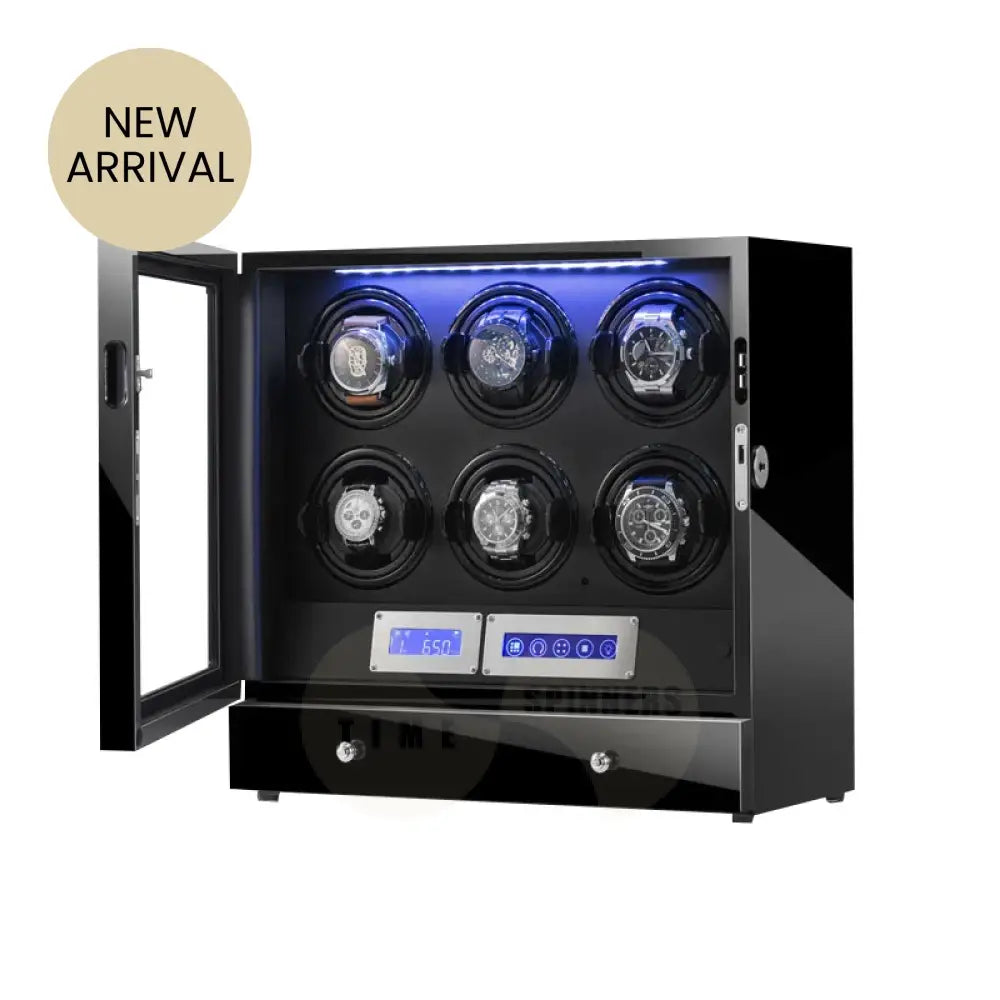 Helix Watch Winder in high-gloss piano black finish with LED display and ultra-quiet Mabuchi motor for automatic watches