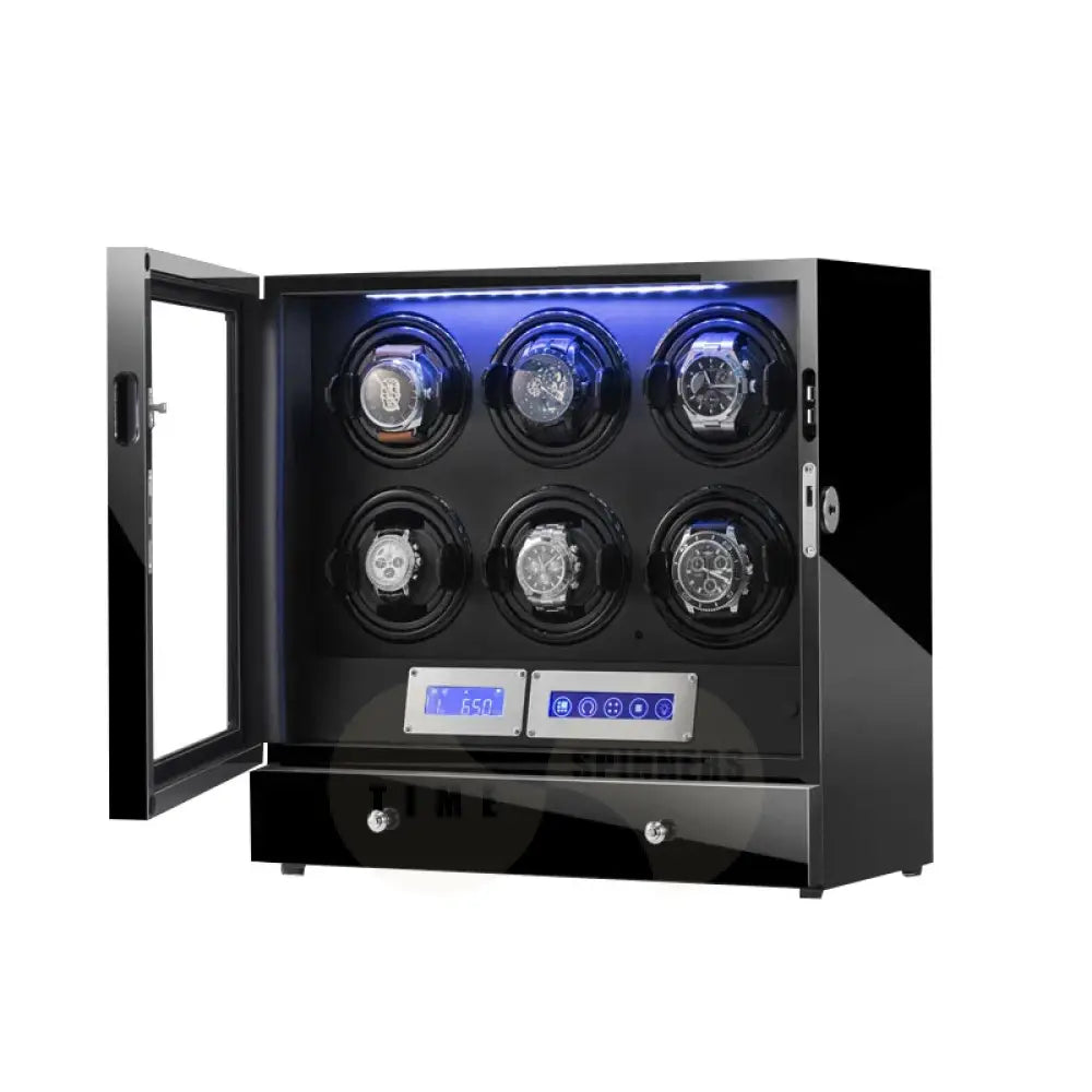 Helix Watch Winder in high-gloss piano black finish with LED display and ultra-quiet Mabuchi motor for automatic watches