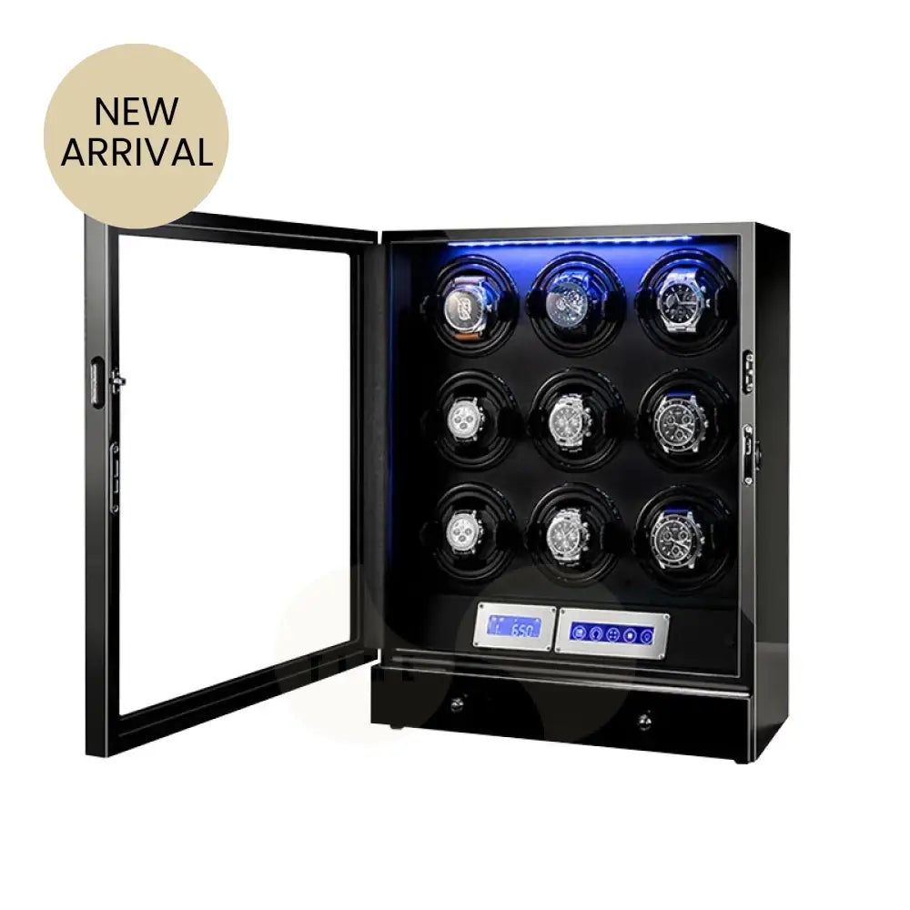 Helix Watch Winder in high-gloss piano black finish with LED display and ultra-quiet Mabuchi motor for automatic watches