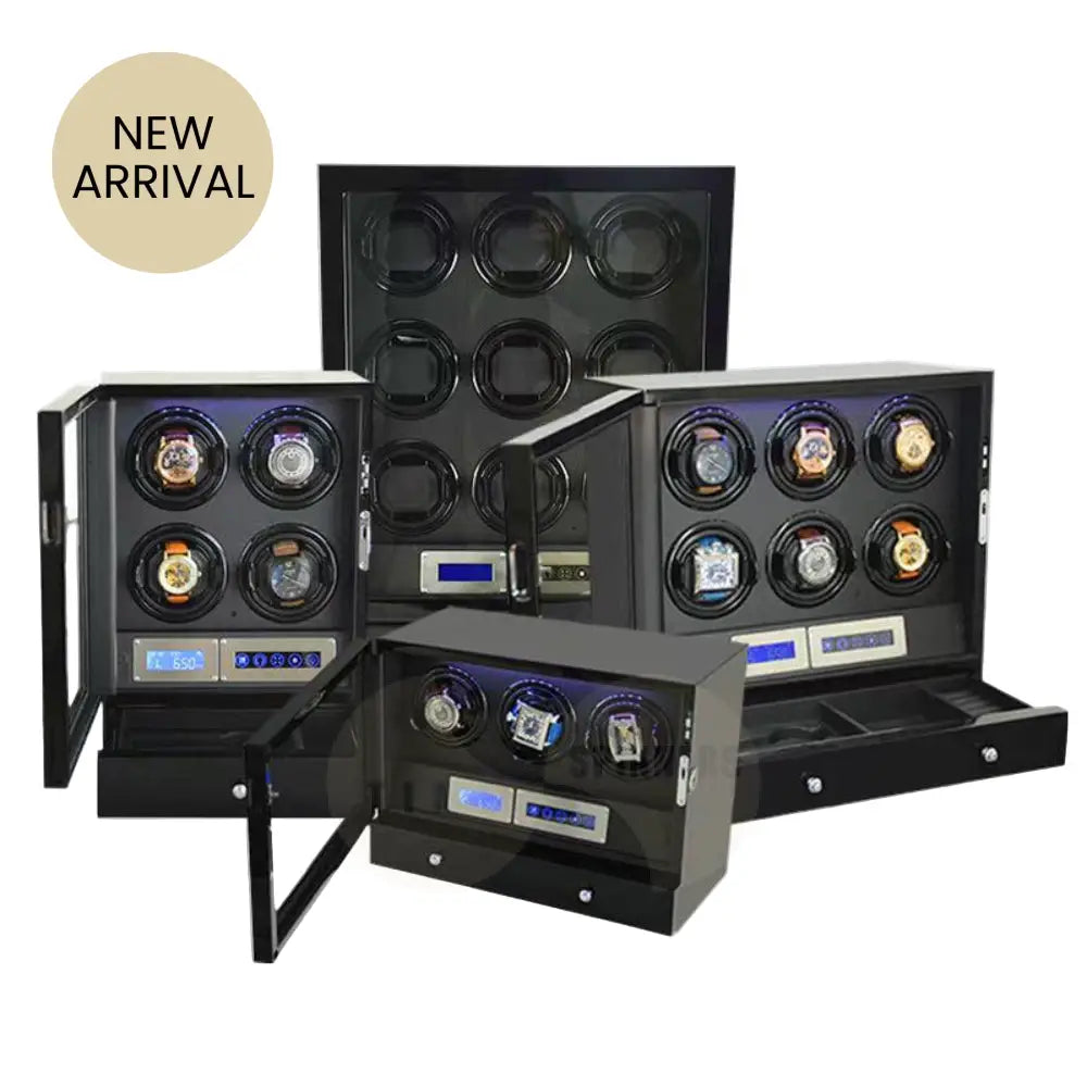 Helix Watch Winder in high-gloss piano black finish with LED display and ultra-quiet Mabuchi motor for automatic watches