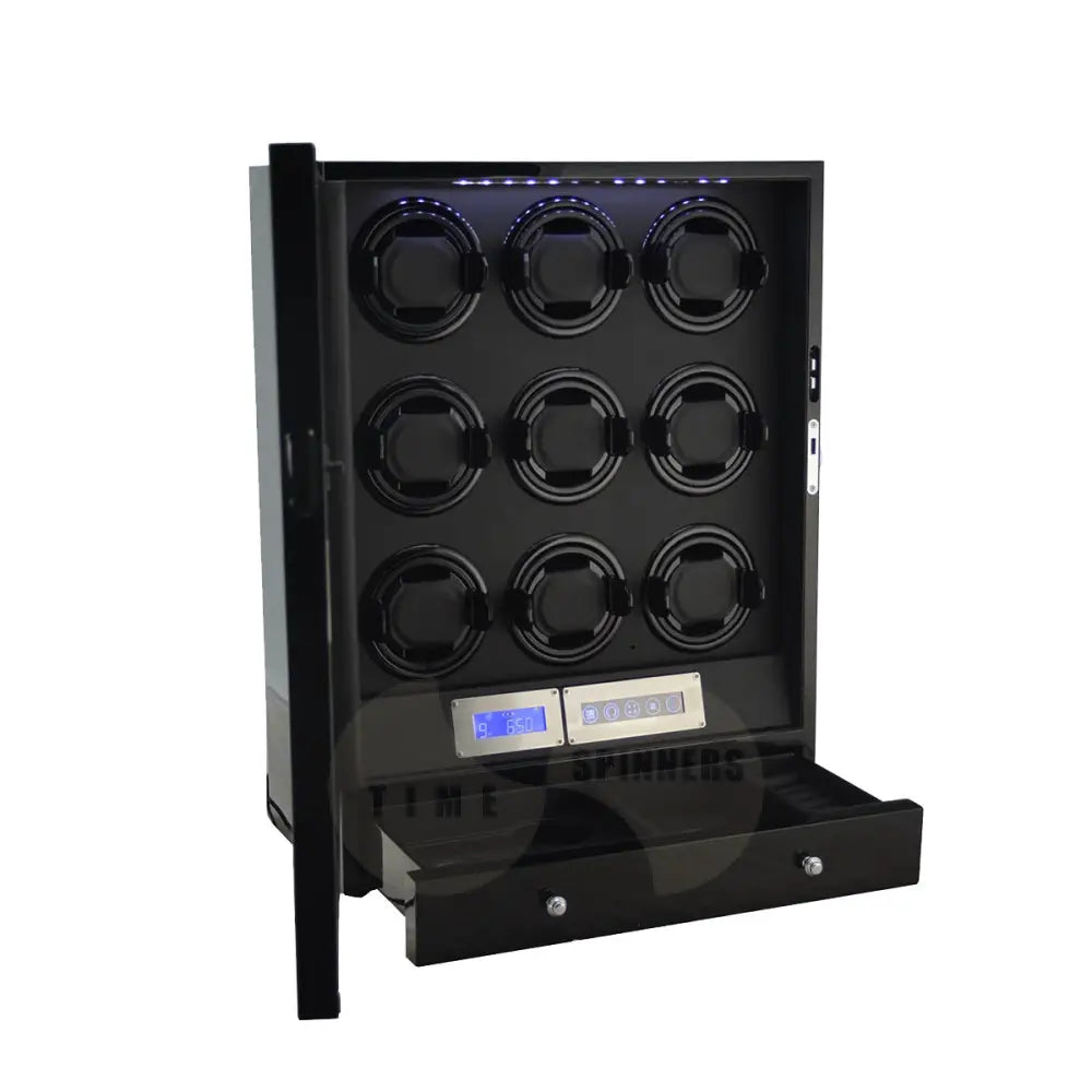 Time Spinners Helix 9-slot watch winder with drawer interior, luxury storage for automatic watches, straps, and accessories in premium piano black finish.
