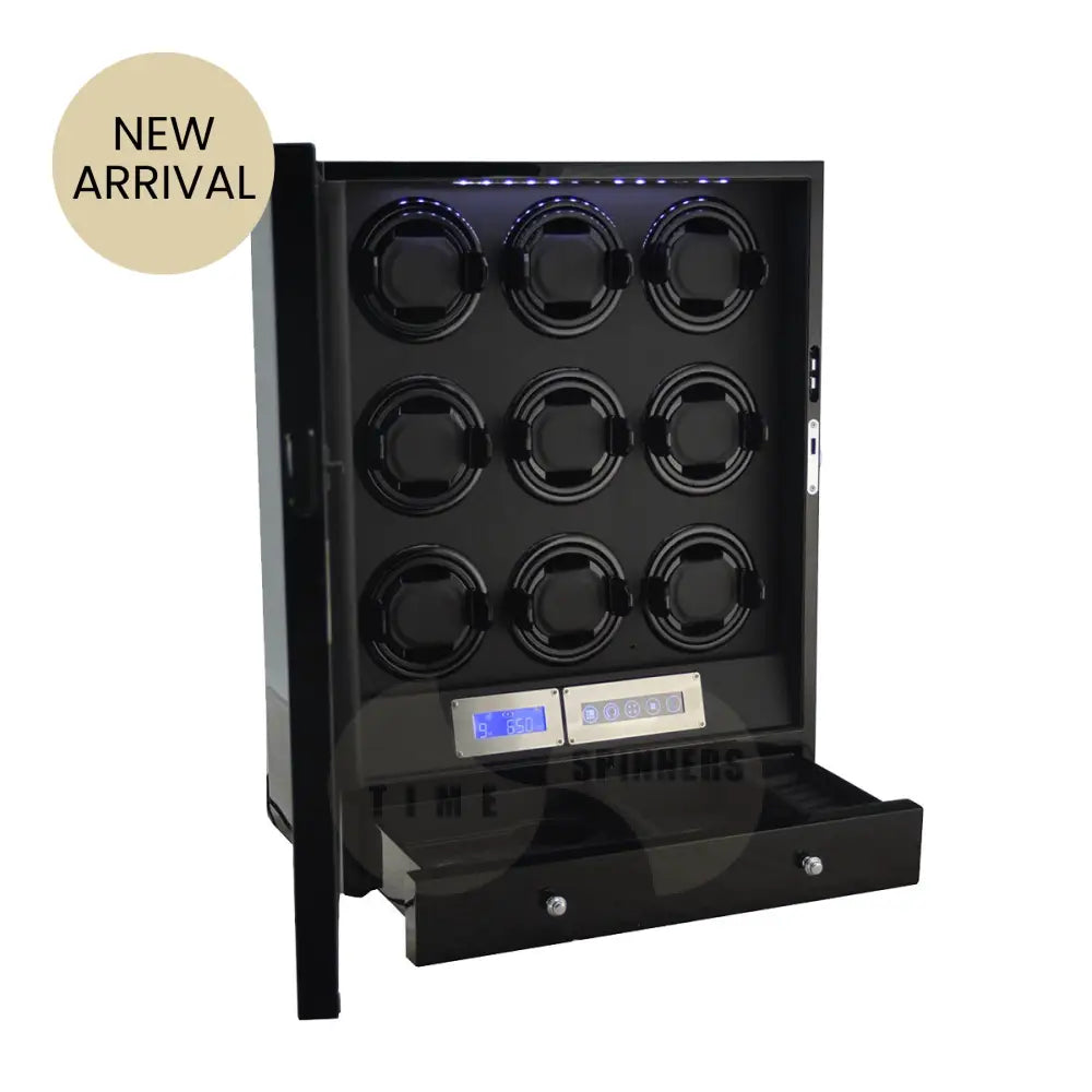 Time Spinners Helix 9-slot watch winder with drawer interior, luxury storage for automatic watches, straps, and accessories in premium piano black finish.