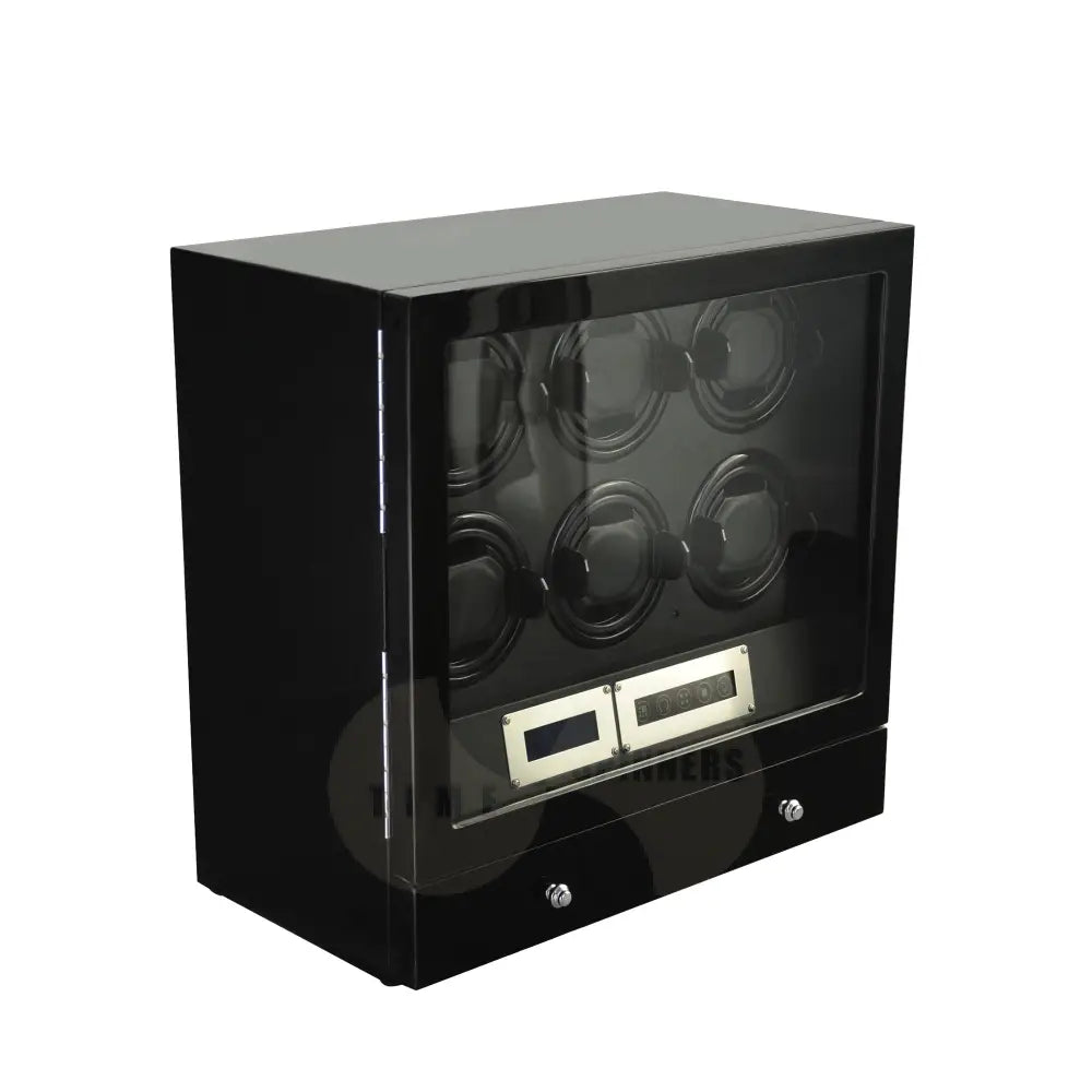 Time Spinners Helix 6-slot luxury watch winder front view with LED display, magnetic locking door, and piano black finish