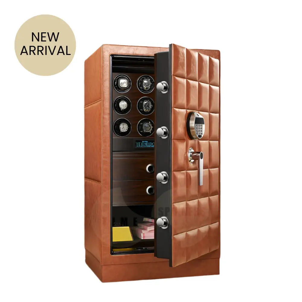 Time Spinners Heritage Watch Winder Safe – luxury steel storage with leather finish, fingerprint access, silent rotors, and secure space for automatic watches. 9 slots.
