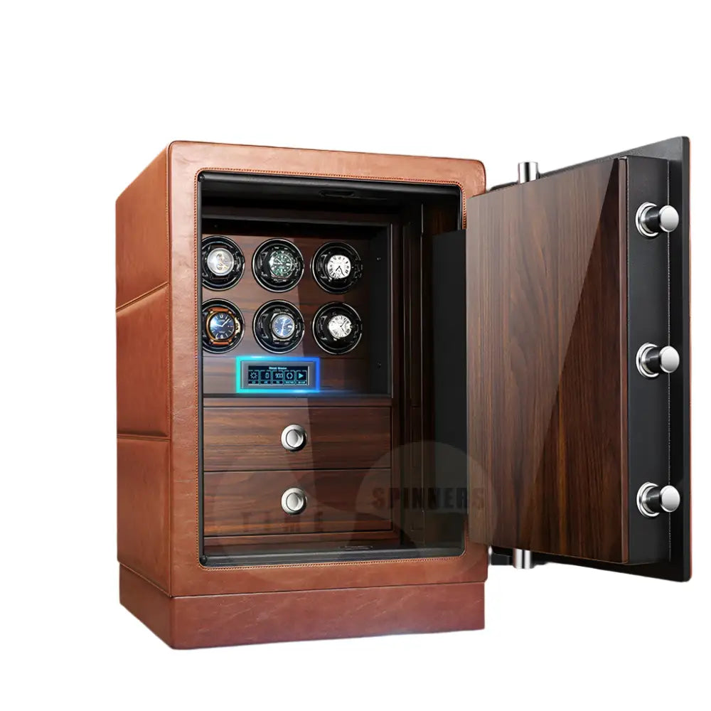 Time Spinners Heritage Watch Winder Safe – luxury steel storage with leather finish, fingerprint access, silent rotors, and secure space for automatic watches. 6 slots