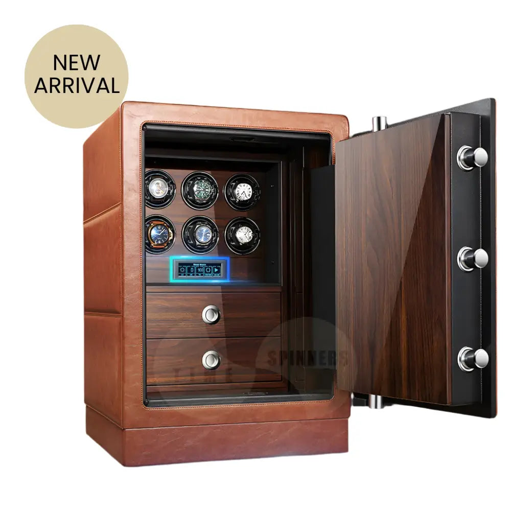 Time Spinners Heritage Watch Winder Safe – luxury steel storage with leather finish, fingerprint access, silent rotors, and secure space for automatic watches. 6 slots