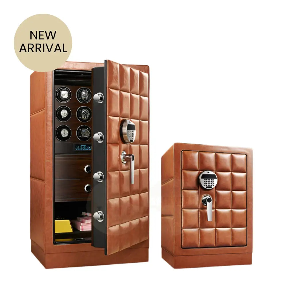 Time Spinners Heritage Watch Winder Safe – luxury steel storage with leather finish, fingerprint access, silent rotors, and secure space for automatic watches.