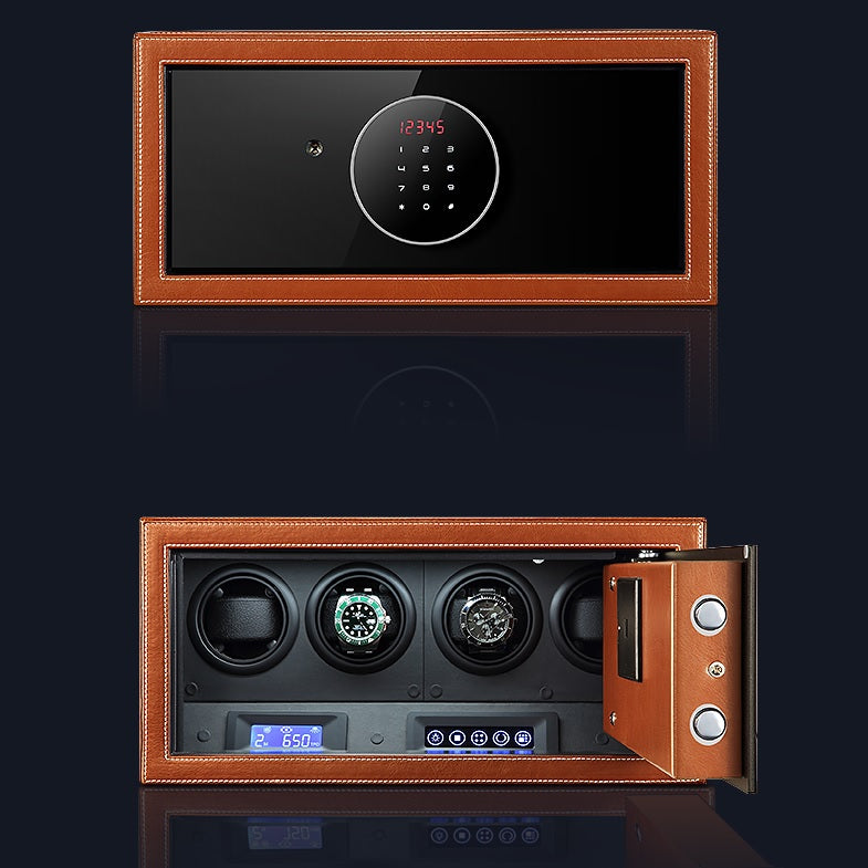 Time Spinners Prestige Secure Watch Winder Safe Box with microfiber leather exterior, silent operation below 10dB, anti-magnetization technology, and Japanese Mabuchi rotors. Features intelligent touchscreen panel, reinforced lock bolts, LED lighting, and multiple winding modes for precision and secure watch storage.