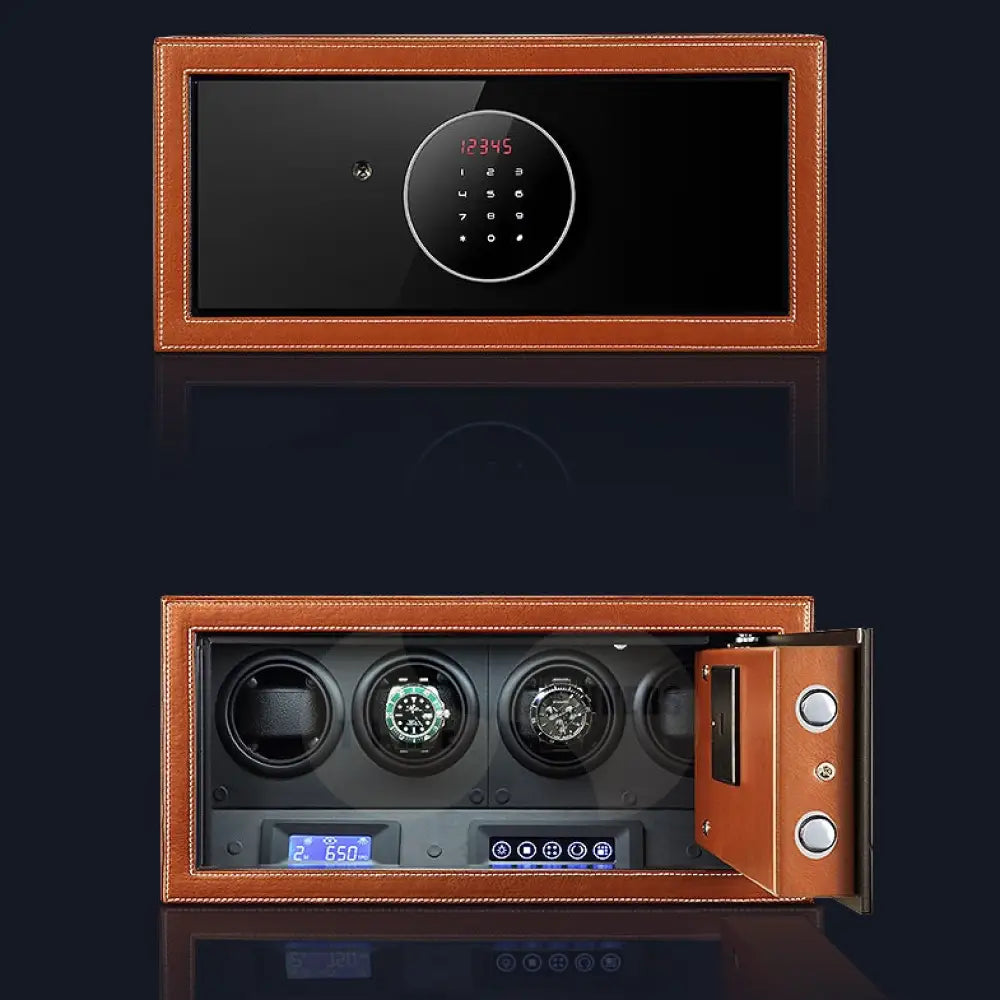 Time Spinners Prestige Secure Watch Winder Safe Box with microfiber leather exterior, silent operation below 10dB, anti-magnetization technology, and Japanese Mabuchi rotors. Features intelligent touchscreen panel, reinforced lock bolts, LED lighting, and multiple winding modes for precision and secure watch storage.