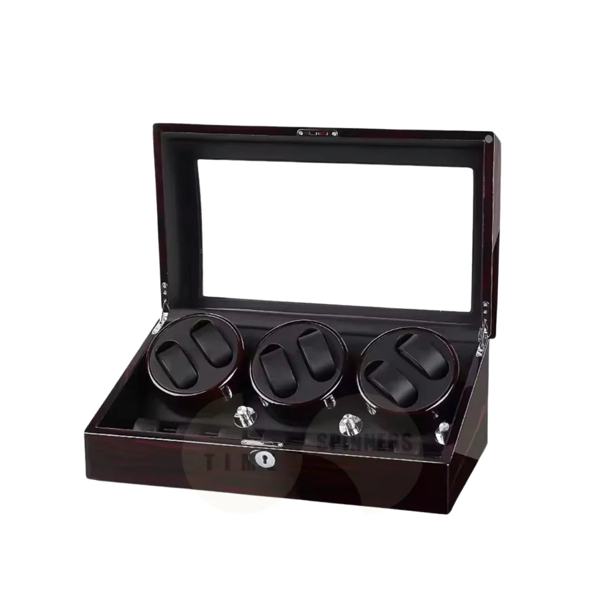 A watch winder box with a glossy dark wood finish and a clear glass lid, shown open with three black watch winders inside.