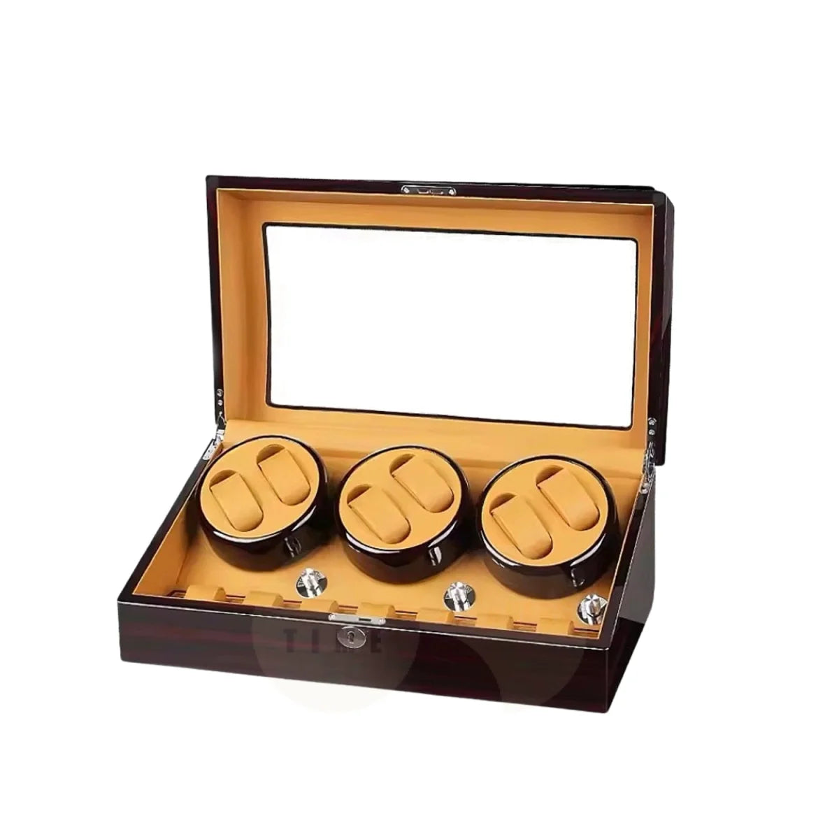 A luxury watch winder box made of dark wood with a clear glass lid, featuring three watch cushions inside a tan velvet-lined compartment.