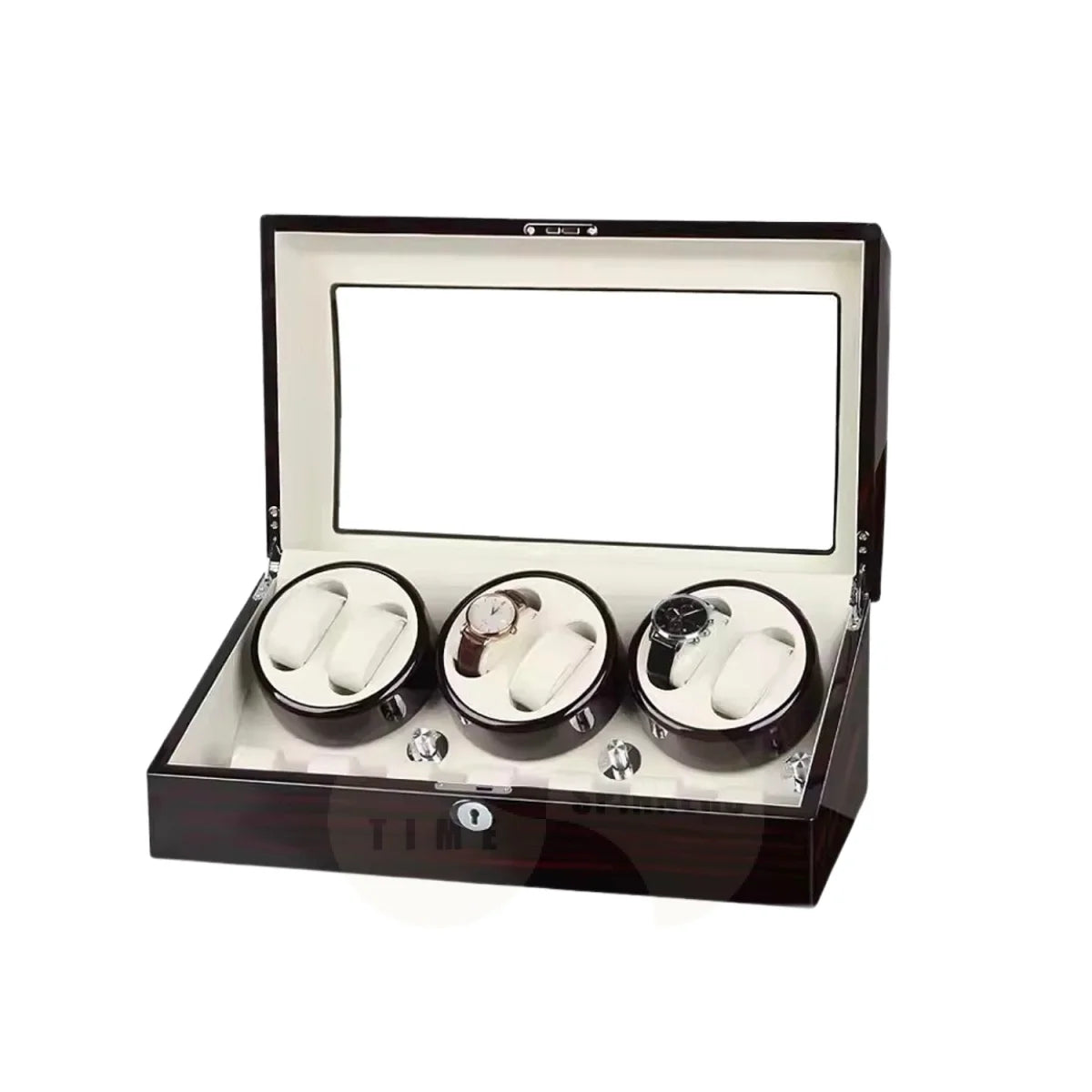 A watch automatic watch winder box with a dark wood grain exterior, a clear glass lid, and a cream-colored interior cushioning.