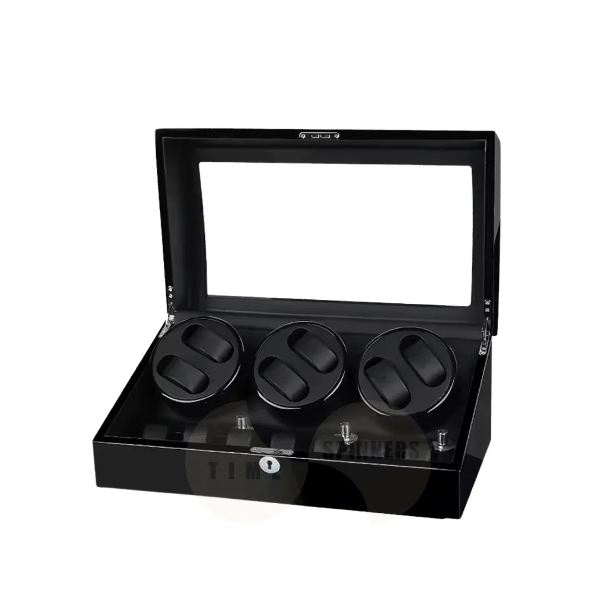 A black 'watch automatic winder box with a transparent glass lid, shown open against a white background.