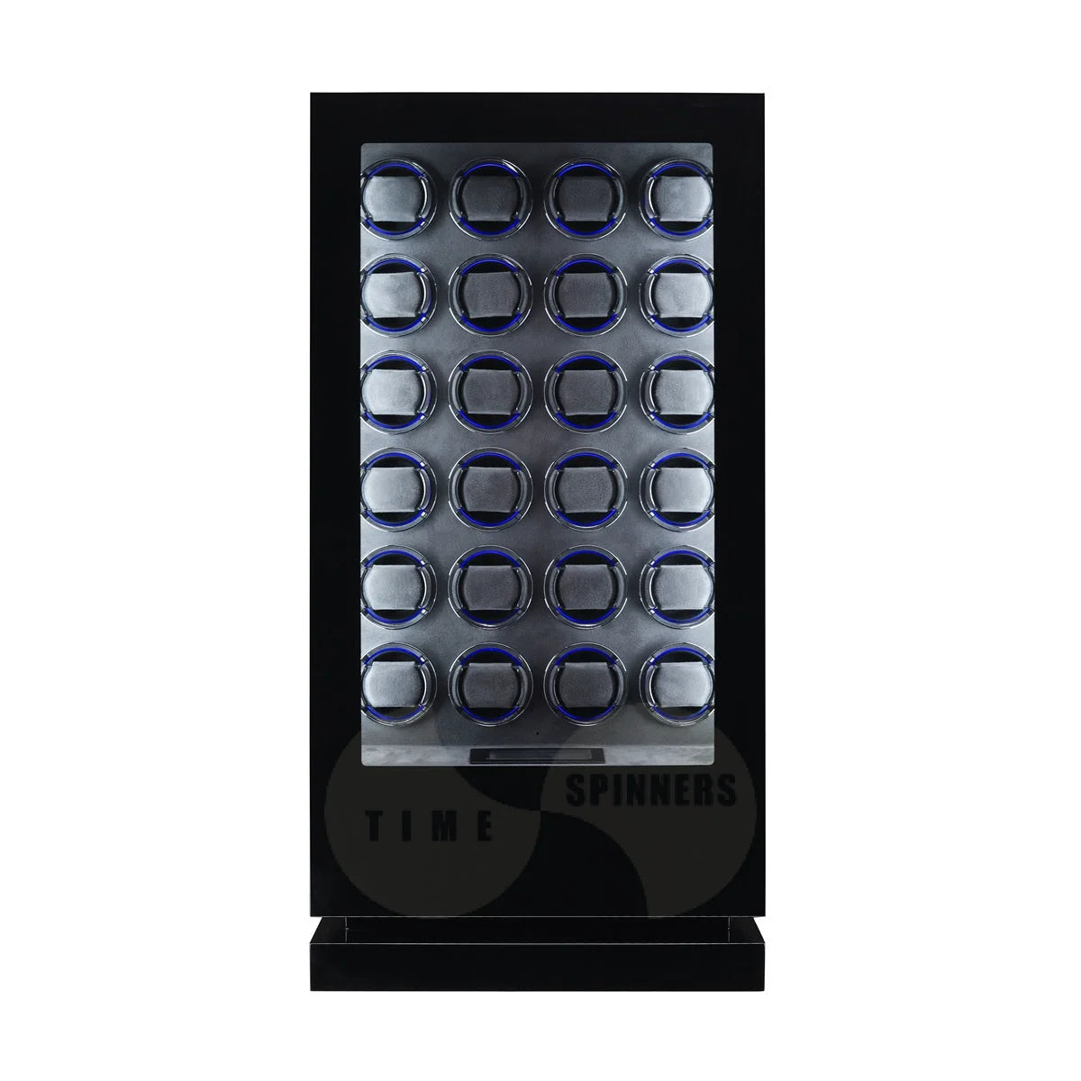 Time Spinners Sovereign 24-slot automatic watch winder cabinet with grey microfiber interior and LCD touch screen