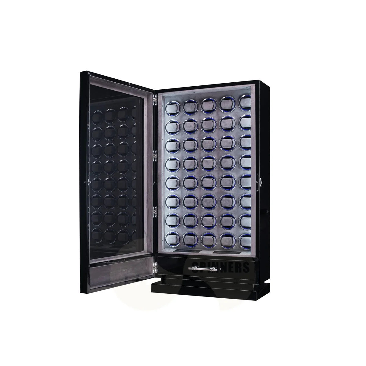 Time Spinners Sovereign 40-slot automatic watch winder cabinet, grey microfiber interior and LED glow watch rings