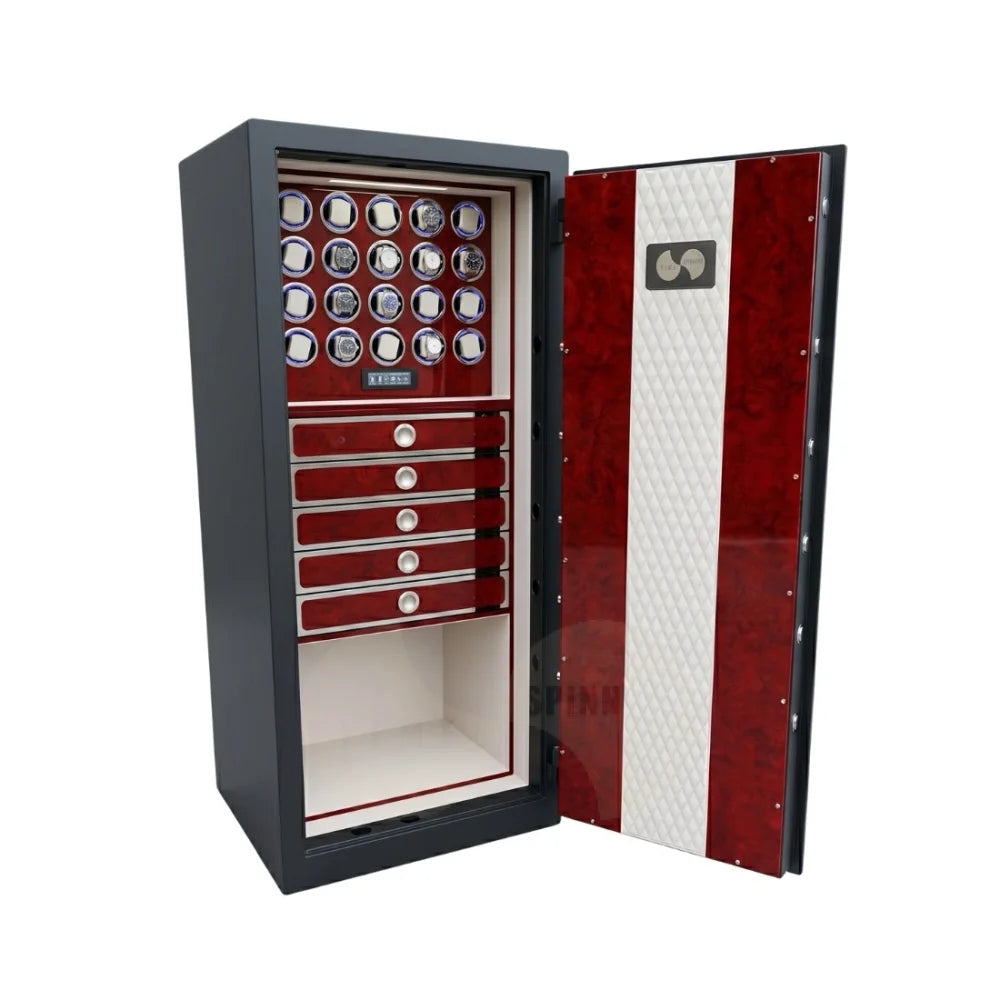 Titan Maximus watch winder safe in Bordeaux Burl finish — 170 cm, 370 kg, Grade III certified luxury watch safe