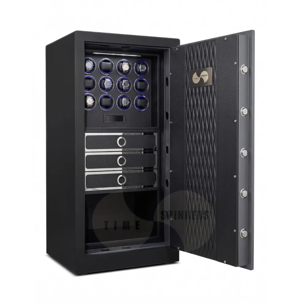 Titan Grande watch winder safe in Noir Carbon finish — secure mid-size watch winder strongbox by Time Spinners
