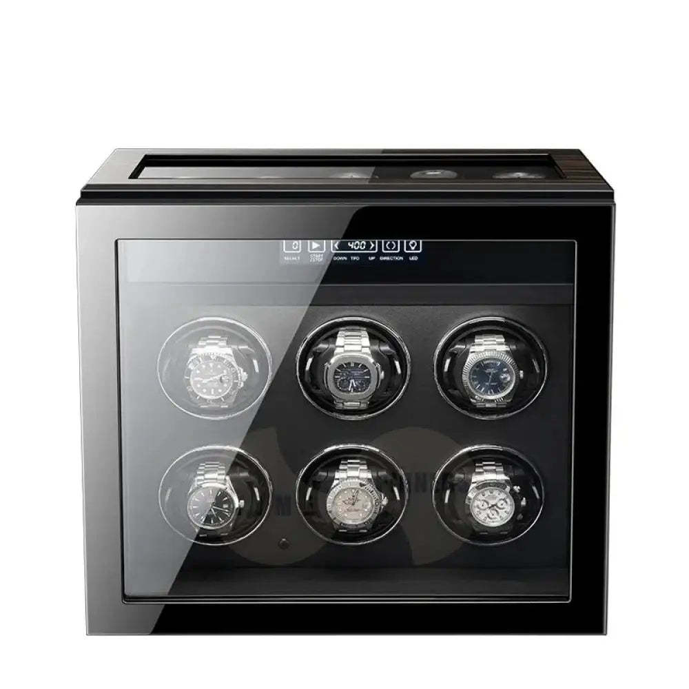 Vanguard 6+5 slots Luxury Wooden Watch Display Box featuring black ebony high-gloss finish, touch screen controls, and LED lighting, ideal for organizing and displaying luxury watches.