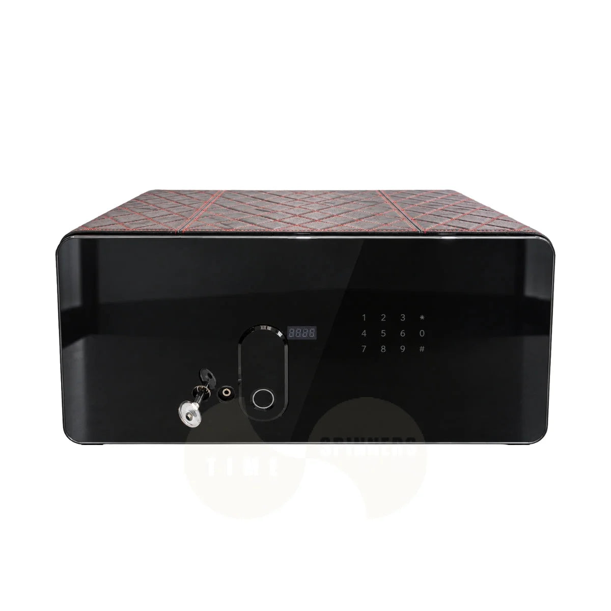 A black watch winder safe with a glossy front panel, featuring a digital keypad, a keyhole slot with a key, and a textured top lid with red stitched detailing, shown on a plain white background.