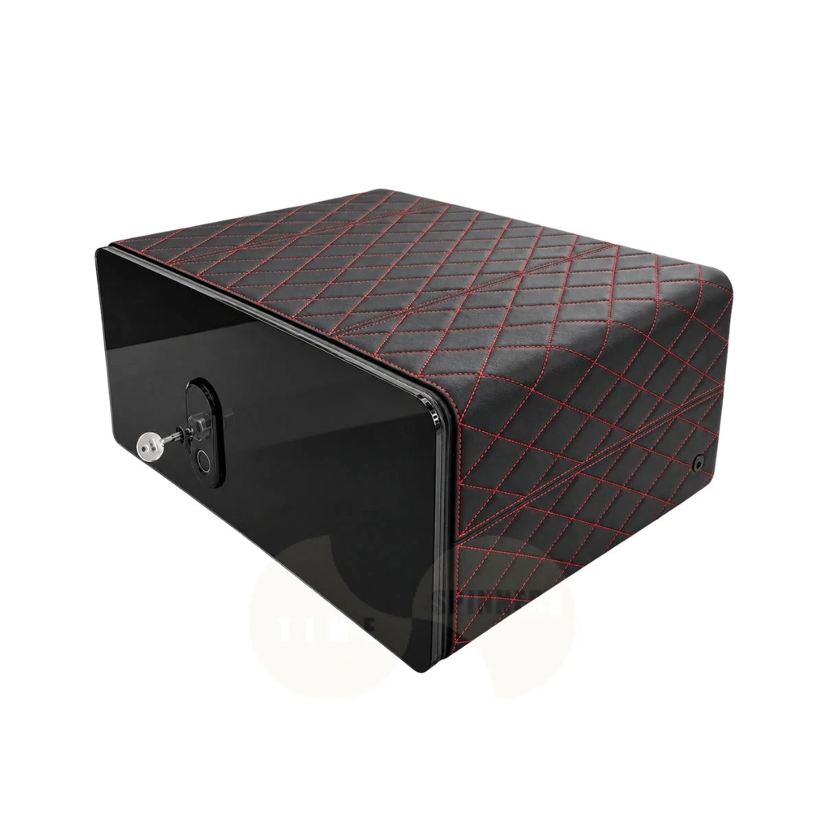 A black leather or faux-leather storage box with a glossy finish, featuring a red diamond-quilted pattern on the top and side panels, shown on a plain white background.