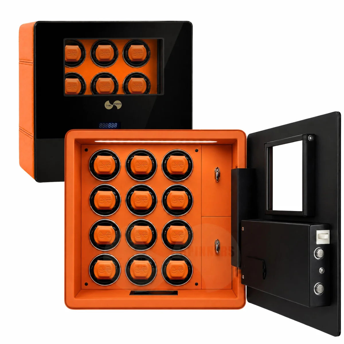 An orange and black 12-slot watch winder display cabinet, shown both closed and open to reveal the interior watch holders and digital control panel.