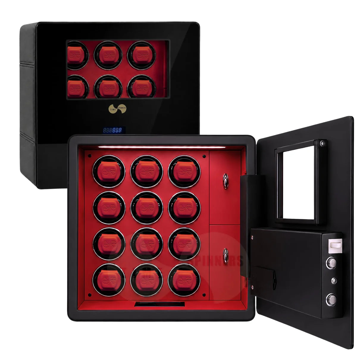 A black 12-watch winder box shown open, with a second closed unit behind it. The interior is lined in red and features 12 circular watch-winding slots with red cushions.