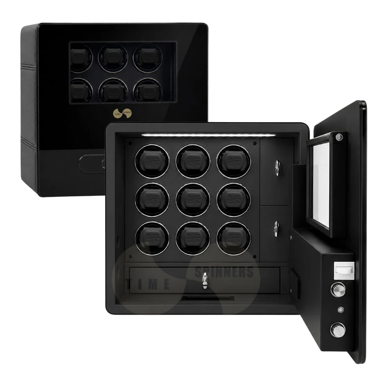 A black automatic watch winder and wallet set, shown both closed and open to display its interior capacity of nine watch cushions, on a solid white background.