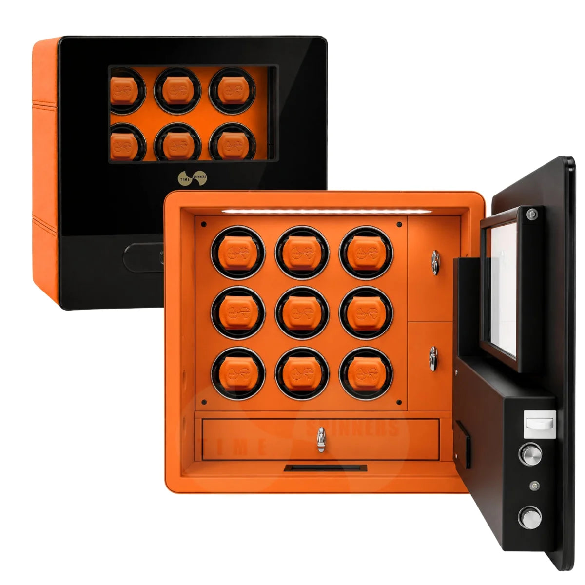 An orange and black 9-slot watch winder shown in both closed and open states against a solid white background.