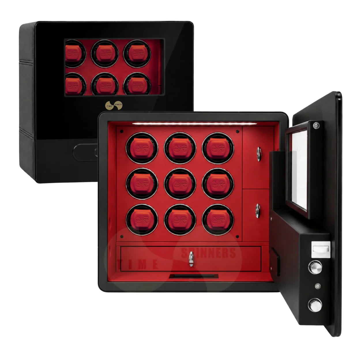 A luxury watch winder and storage cabinet shown in both closed and open positions. The cabinet features a glossy black exterior, a vibrant red interior lining, and eight circular watch-winding slots illuminated by an internal LED strip.